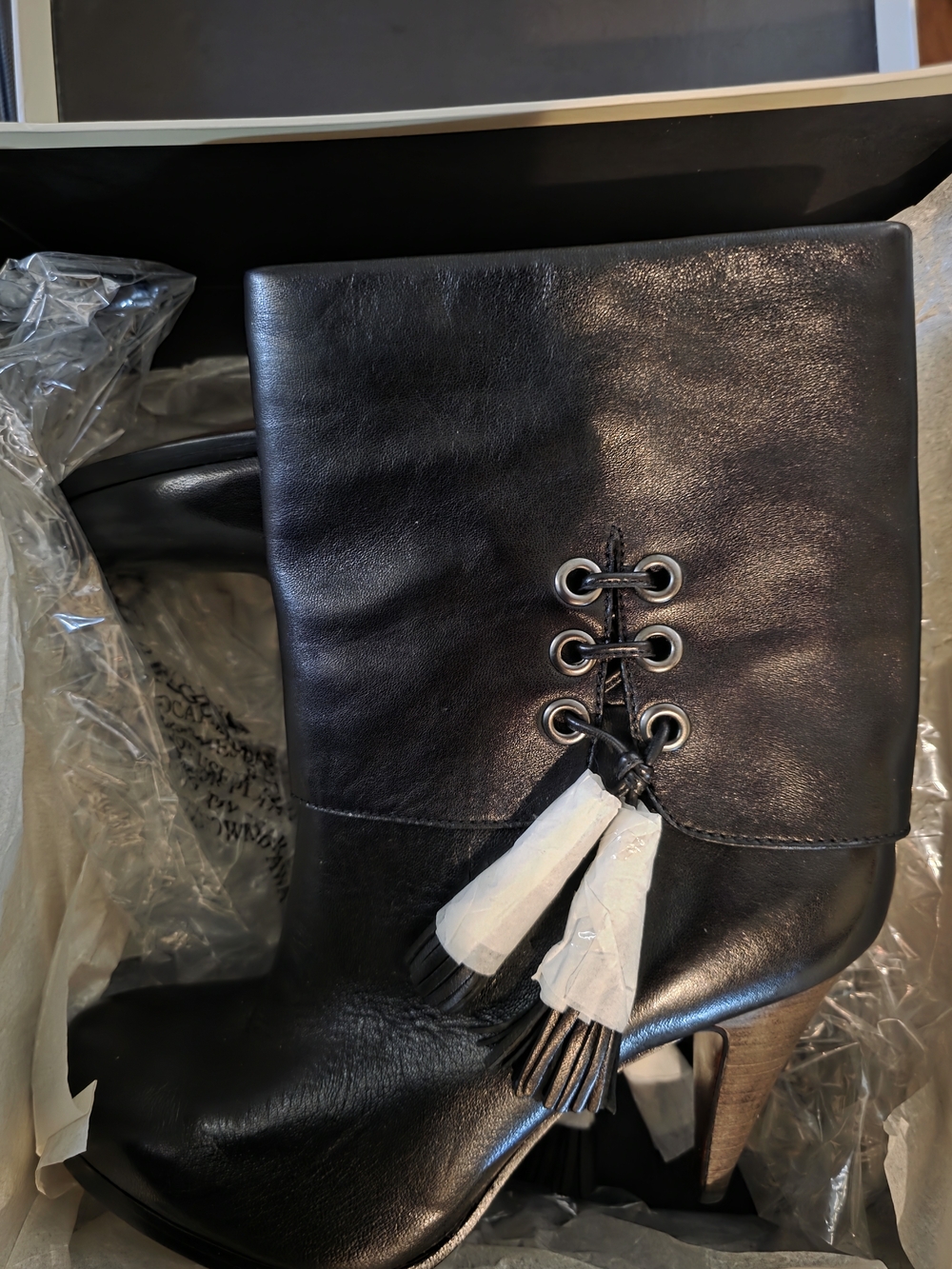 Coach Legra Black Leather Boots 9.5 with Tassel Lacing High Wood Heel Calfskin